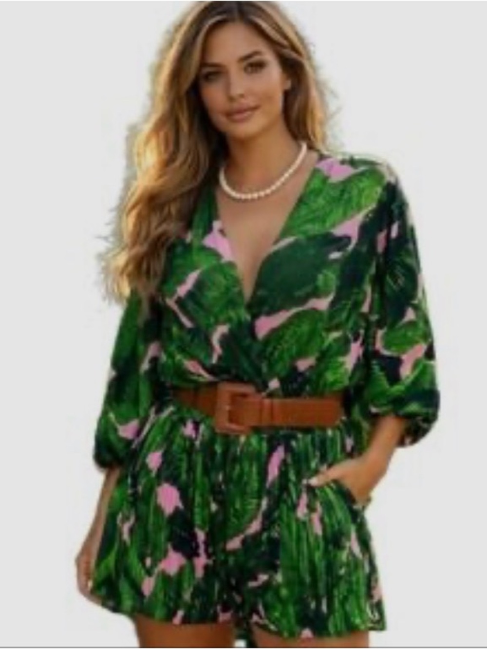 Tropical Green & Pink Wrap Romper with Belt